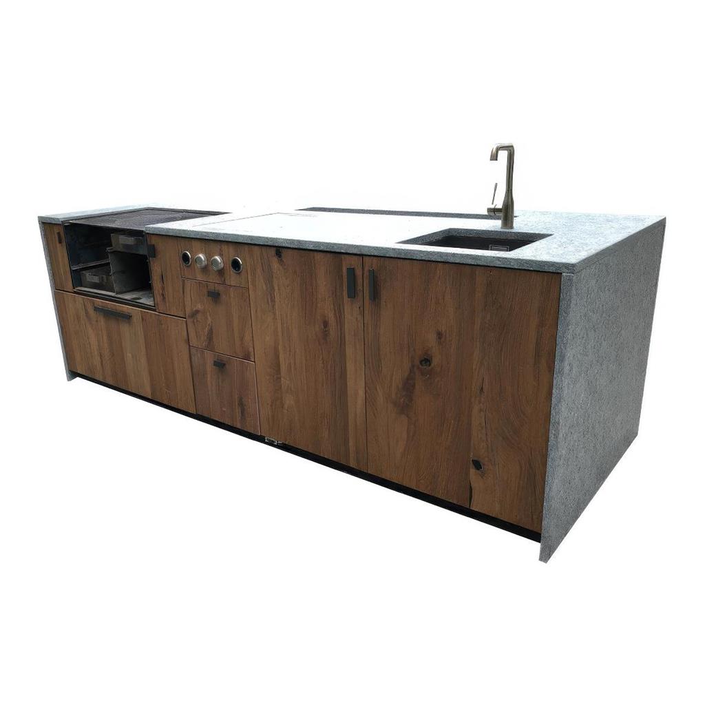 Outdoorküche Granit mit E-Teppanyaki Grill und Holzkohlegrill, 2800x1100x960mm